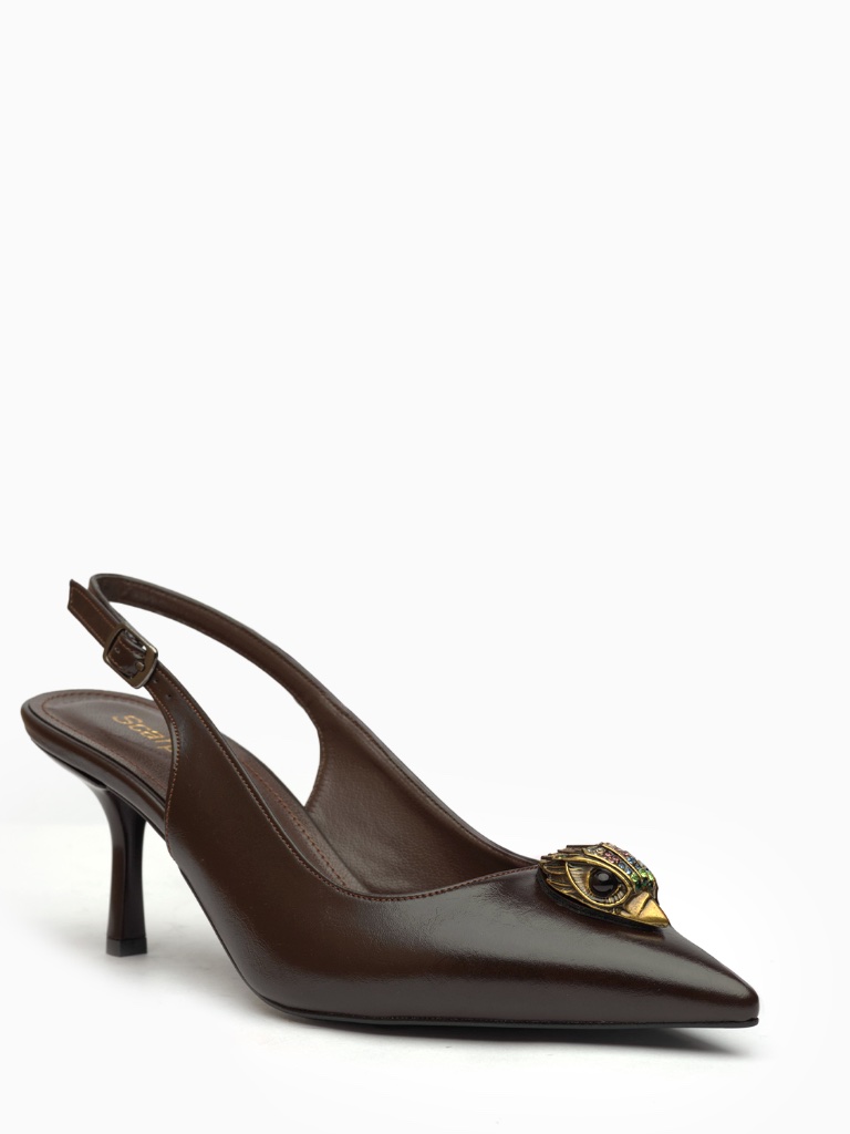 Talismano Slingback Heels: Antiqued Gold Winged Eye Emblem, 70mm Slim Heel